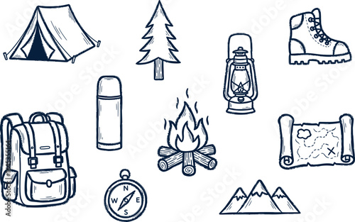 Camping and adventure equipment vector illustration set for outdoor and travel design