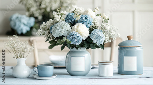 Romantic floral centerpiece ceramic dishes blue peonies and hydrangeas arranged in elegant glass vase for upscale spring table setting rustic flatware. Mother's Day, Women's Day, Valentine's Day