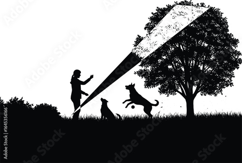 Girl training dogs in park silhouette, dog obedience under tree, woman playing with pets in nature, pet training vector scene