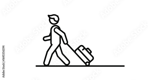 Man walking with suitcase isolated on white background, ready for travel