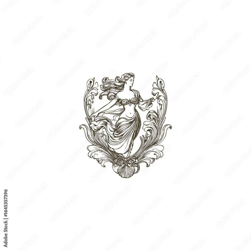 Obraz premium engraved illustration of a woman with long, flowing hair and ornate clothing, surrounded by floral and leaf patterns