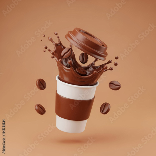 Floating Coffee Cup Splash Dynamic 3D Render with Coffee Beans