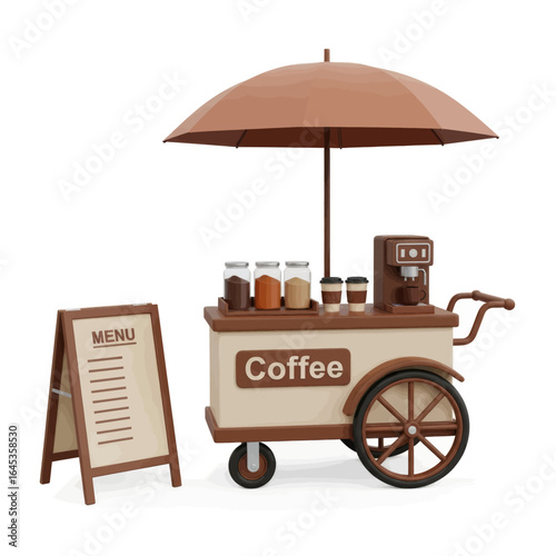 Portable Coffee Cart with Umbrella and Menu Board 3D Render