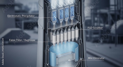 Cutaway 3D illustration of an industrial flue gas treatment system showing precipitator, scrubber, and baghouse components
