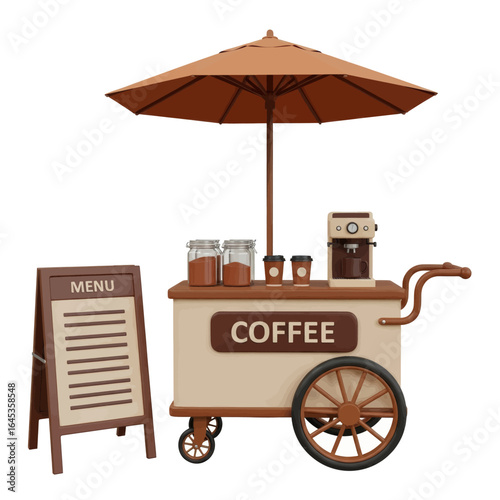Portable Coffee Cart with Umbrella and Menu Board 3D Render