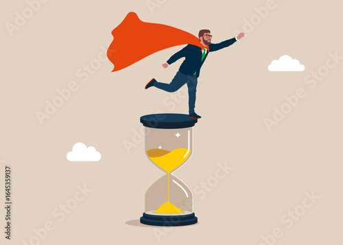 Dreamer Superhero stands on hourglass. Flat vector illustration. 