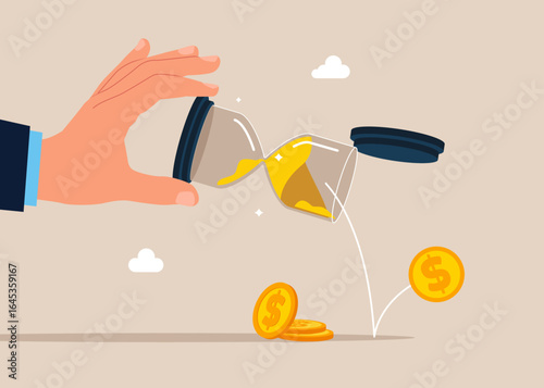 Hand businessman holding a glass sand clock with leaking money. Flat vector illustration