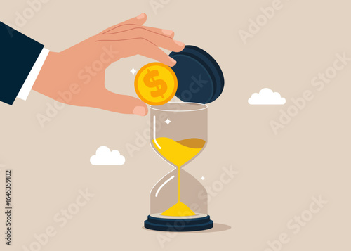 Hand putting coin a glass sand clock. Analyzing optimization, monitoring, task management, work planning, productivity. Modern vector illustration in flat style
