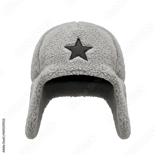 Gray faux fur ushanka hat with black star emblem, ear flaps down, isolated on white background