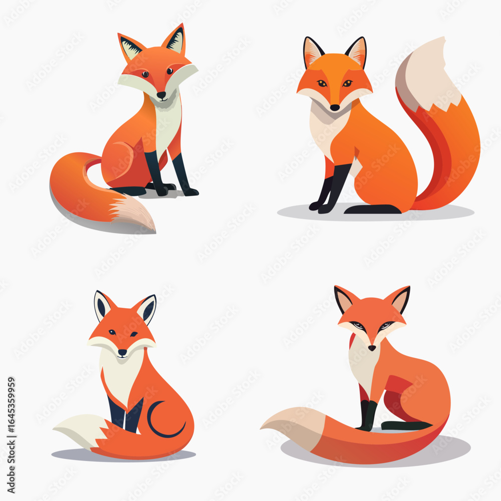 Fototapeta premium Four delightful cartoon foxes bring charm to any project. Ideal for children's content, branding, or playful designs, these characters add a touch of whimsy.