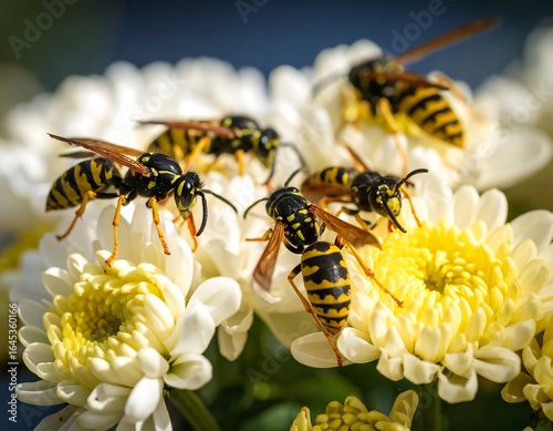 Close-up of wasps on white chrysanthemum flowers