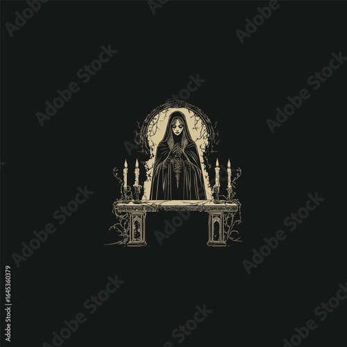 engraved illustration of a woman in a flowing robe, with a prominent pentagram on her body, standing in a magical archway