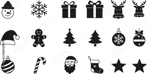 Christmas holiday icons set – snowman, tree, Santa, gifts, ornaments, stars, gingerbread, reindeer, and festive decorations silhouette pack