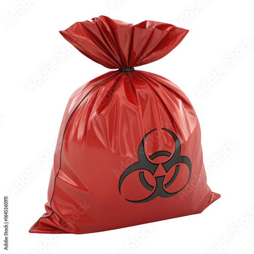 Red biohazard waste bag with biohazard symbol isolated on transparent background