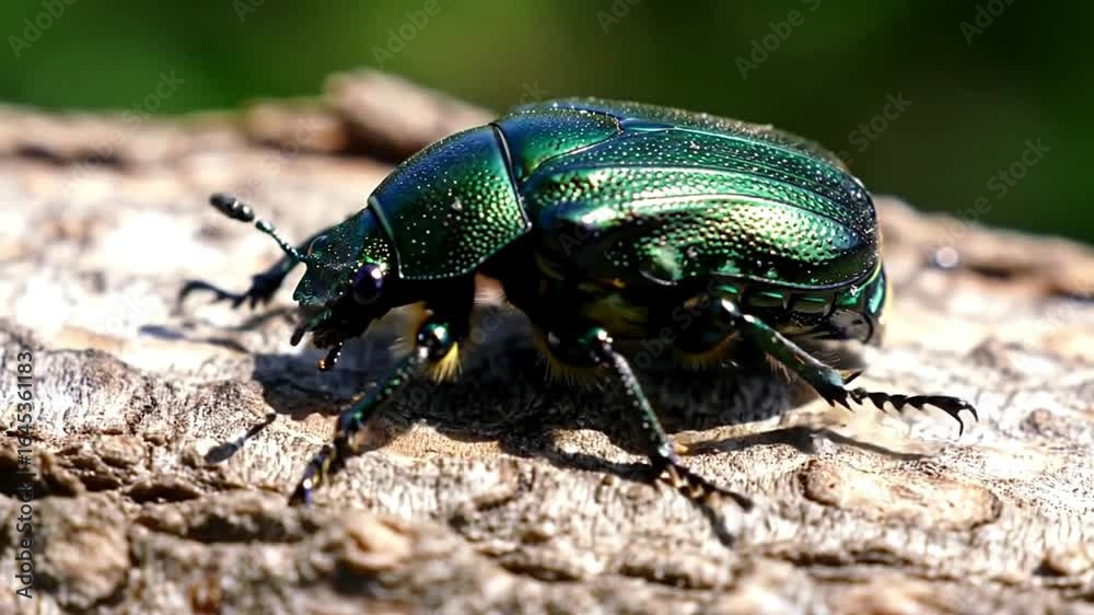 A vibrant metallic green chafer beetle, its iridescent exoskeleton gleaming under light, pauses on textured tree bark in a detailed macro view. A vibrant metallic green chafer beetle, its iridescent exoskeleton gleaming under light, pauses on textured tree bark in a detailed macro view.