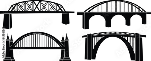 Collection of four distinct black silhouette bridge designs on white background