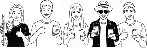 Diverse group of young adults standing together holding smartphones and looking forward