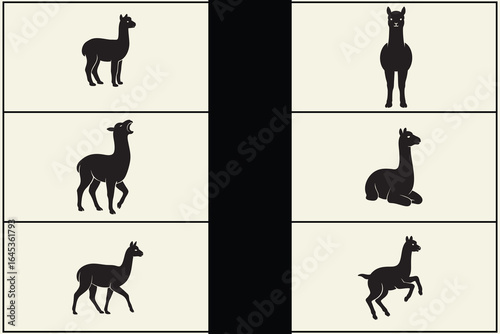 Six editable silhouettes of alpacas in various poses