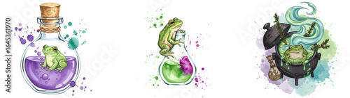 Three potion vessels with frogs in each container and colorful watercolor splatters around them all on transparent background