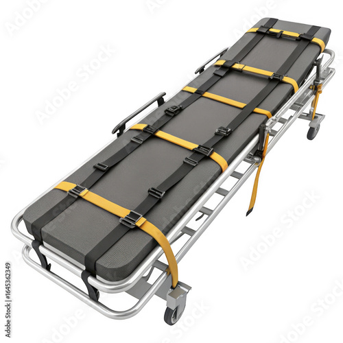 Modern medical emergency stretcher with restraint straps and wheels isolated on transparent background