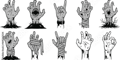 Collection of spooky zombie hands emerging from the ground