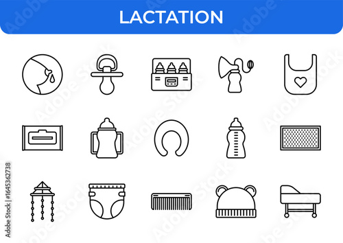 Lactation and Baby Care, Including Breast Pump, Pacifier, Bottle, Diaper, and Crib, Isolated on White Background