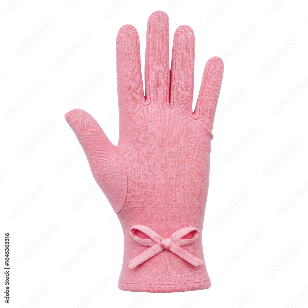 Obraz premium Pink knit gloves with delicate bow detail, isolated on white background