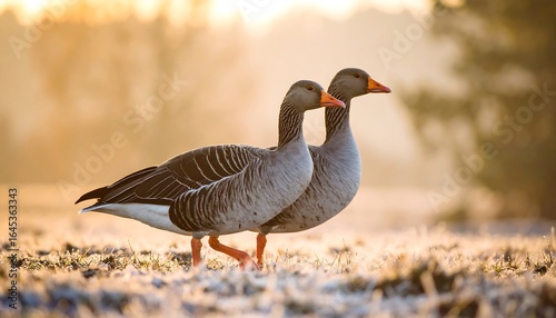 Two greylag geese walking gracefully in a frosty field during golden hour