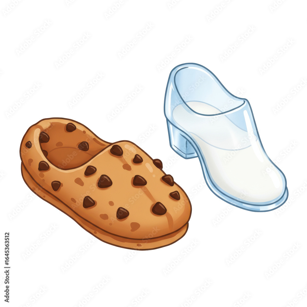 Chocolate chip cookie slipper and glass slipper pair, isolated on white background Chocolate chip cookie slipper and glass slipper pair, isolated on white background