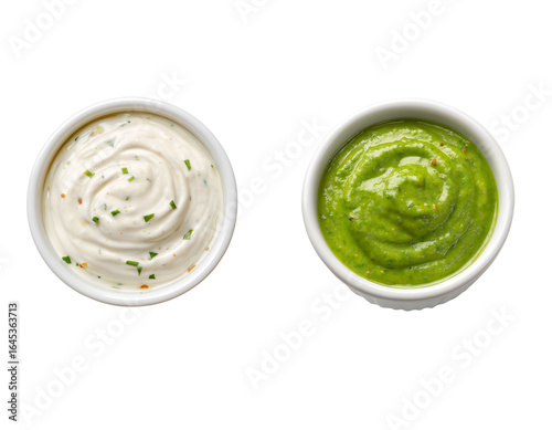  Two Healthy Sauce Bowls with Green Avocado and White Tahini Dips on a Transparent PNG White background