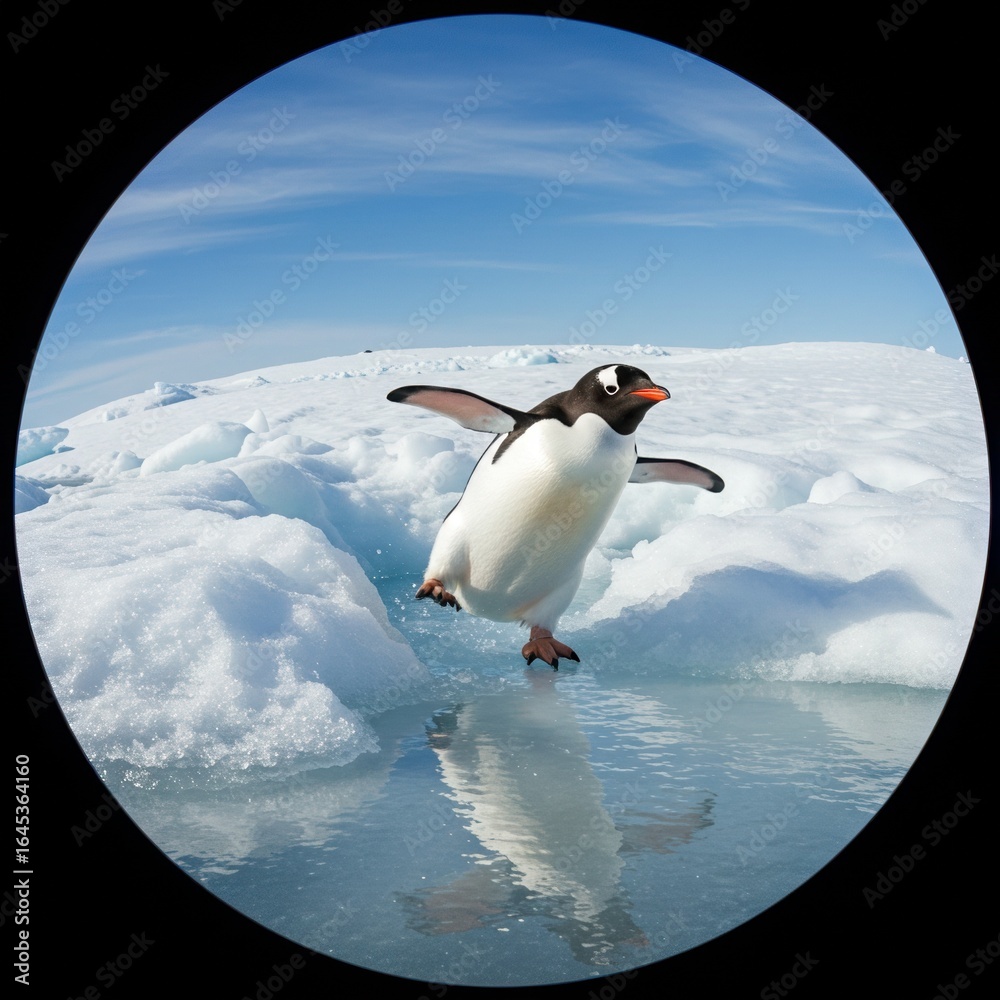Obraz premium Playful Penguin Balancing on Ice, Antarctic Scene, Blue Sky.