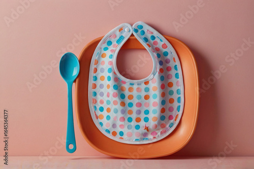 Colorful polka dot baby bib with blue spoon on orange plate polka dots