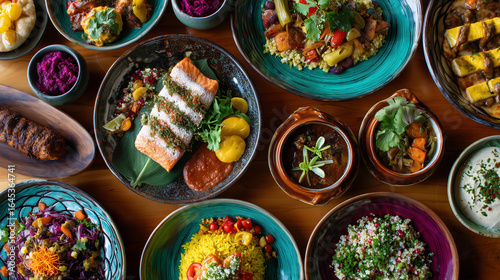 World Food Day 16 October. a large wooden table filled with colorful dishes from around the world,