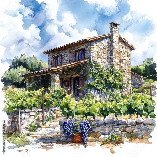 Traditional stone house with a stunning vineyard, depicted in a watercolor or aquarelle painting illustration. 3D rendering, Generative AI