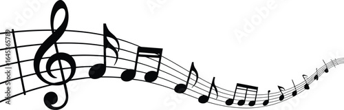 A flowing musical staff with a treble clef and a cascade of black musical notes creating a dynamic and elegant wave on a white background