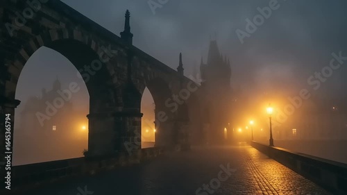 Stone arch bridge walkway at night in fog