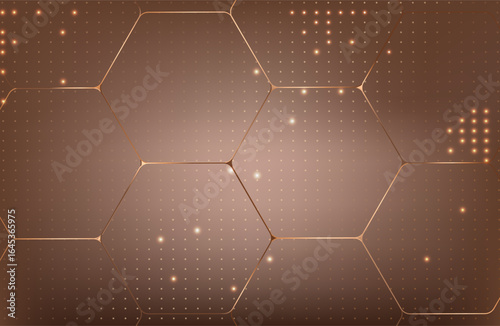 abstract brown background with gold hexagons and golden dots. luxury banner. vector illustration. mocha mousse