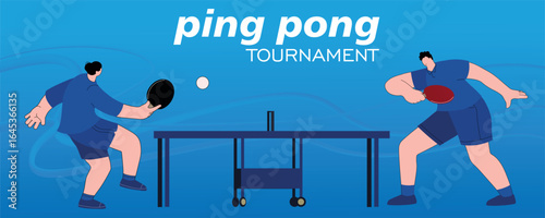 Ping pong tournament, poster horizontal format, flat illustration two people play table tennis. Championship poster, design tennis club, sports school, training training small tennis