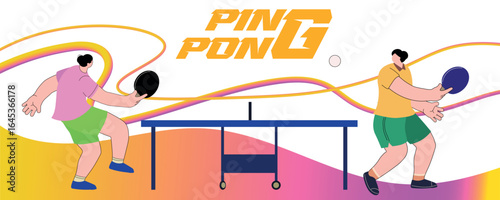 Table tennis competition poster design, flat style, light background, two women playing ping pong. Championship banner, design for sports school, training training in racket sports, activity hobby