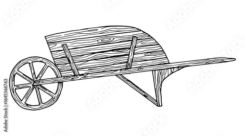 Wooden garden cart. Vector illustration of village transport. Simple black graphic, hand drawn in doodle style. Outline drawing of farm harvest transport. Rural horse cart for gardening and farming