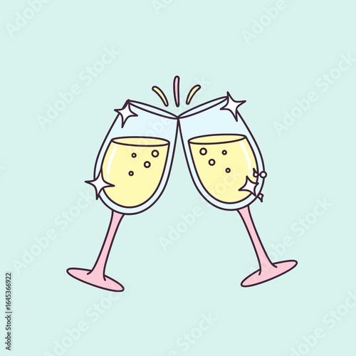 Two champagne flutes clinking, celebrating with sparkling bubbles and stars.