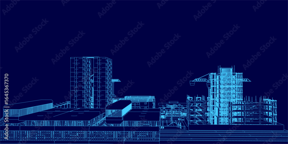 Fototapeta premium Blueprint of a city building under construction features detailed contours, windows, and scaffolding on a dark blue background. The vector design ensures sharp lines and precise architectural.