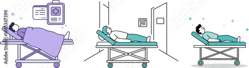 Flat vector illustration depicting patients on hospital gurneys in a medical setting  