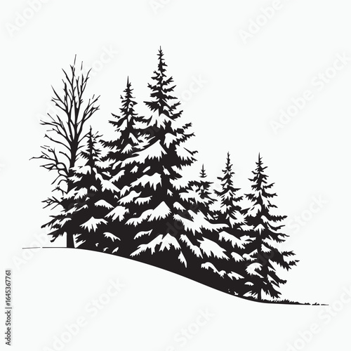 Winter tree silhouette — black vector of snowy conifers and bare tree on hill, perfect for seasonal, nature, or minimalist themes