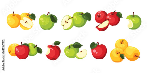 Cartoon apples fruits. Apple slices and whole, fresh garden fruit. Red, green and yellow raw vegan ingredients for pie or jam, racy vector food clipart, vector illustration