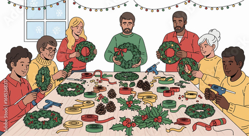 Crafting Christmas Cheer Friends and Family Making Festive Holiday Wreaths Together