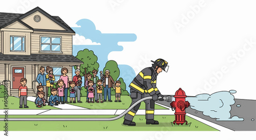 Firefighter giving a safety demonstration with a fire hydrant and hose for a diverse community group in a suburban neighborhood