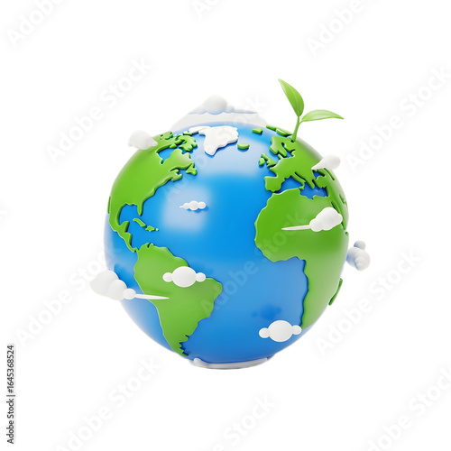 Cartoon earth globe with growing plant representing environmental concept
