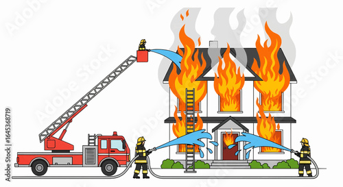 Brave firefighters in action extinguishing a residential house fire. Emergency rescue team with a ladder truck and water hoses.