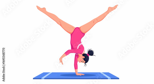 Young female gymnast performing a one-arm handstand with legs split. Athletic girl in pink leotard showing flexibility, balance, and strength.